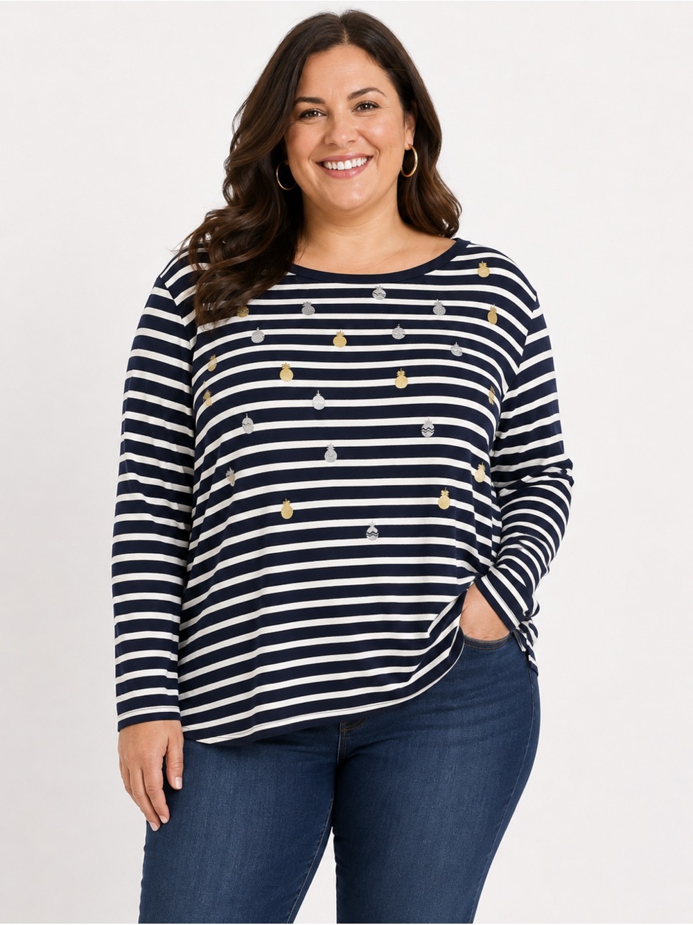 Talbots Navy & White Striped Ornament Long Sleeve Tee